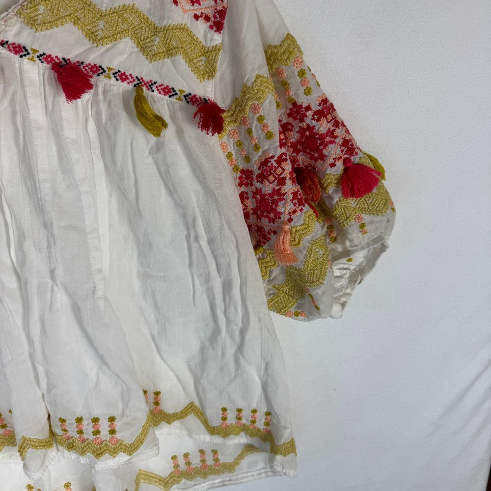 Sundance Ellora Embroidered Cotton Tassel Peasant Top White XL Boho V-Neck - Picture 12 of 14